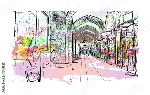 Building view with landmark of Bursa is a city in northwestern Turkey. Watercolour splash with hand drawn sketch illustration in vector.