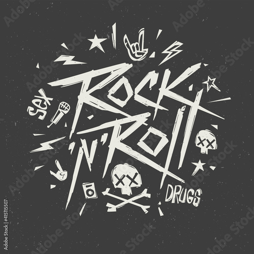 Rock'n'Roll music Creative Lettering Grunge style  , Print tee or poster isolated vector. Rock n Roll culture vintage style print stamp t-shirt. Vector lettering artwork

