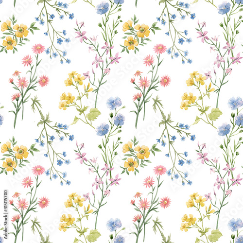 Beau motif floral sans couture avec des fleurs printanières douces à l& 39 aquarelle. Stock illustration.
