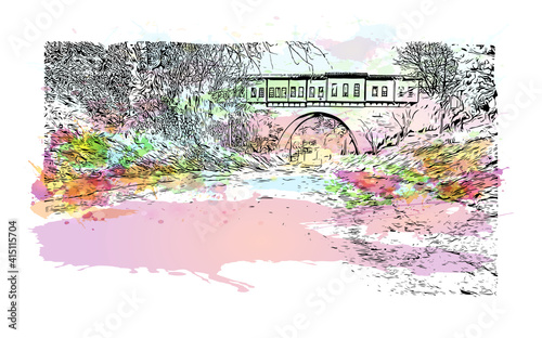 Building view with landmark of Bursa is a city in northwestern Turkey. Watercolour splash with hand drawn sketch illustration in vector.