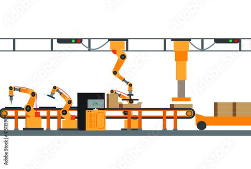 A vector of industrial revolution 4.0 implement at electronic cooktop factory will fully automation robot.