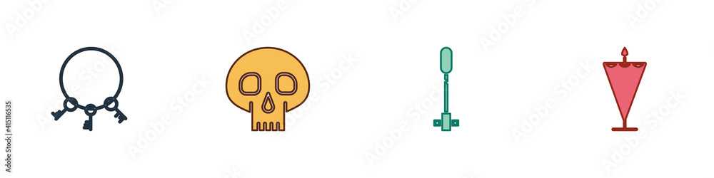 Obraz premium Set Old keys, Skull, Torch flame and Medieval flag icon. Vector.