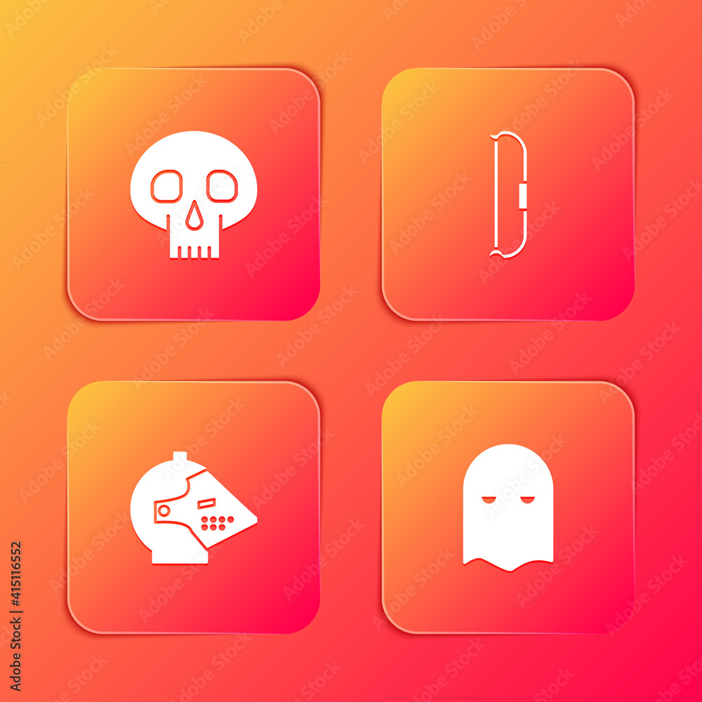 Set Skull, Medieval bow, iron helmet and Executioner mask icon. Vector.