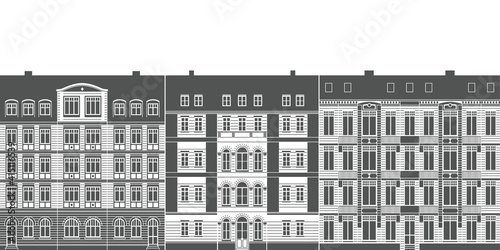 Eine Reihe von Altbau Häusern in der Frontalansicht als detaillierte Vektorgrafik Illustration