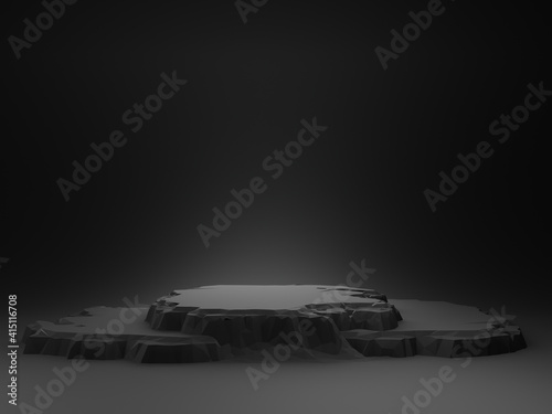 3D dark theme of low poly rock podium