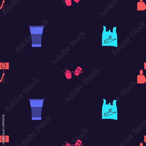 Set Dead bird, plastic, Paper glass, Problem pollution of the ocean and Nature saving protest on seamless pattern. Vector.