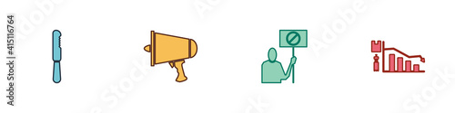 Set Disposable plastic knife, Spread the word, megaphone, Nature saving protest and Ecology infographic icon. Vector.