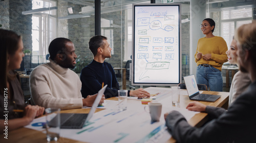 Project Manager Makes a Presentation for a Young Diverse Creative Team in Meeting Room in an Agency. Colleagues Sit Behind Conference Table and Discuss Business Development, User Interface and Design.