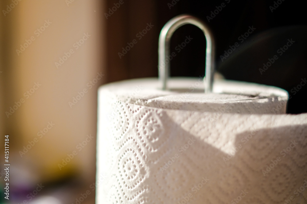 Close up on a roll of kitcen paper towels. Selective focus - obrazy, fototapety, plakaty 
