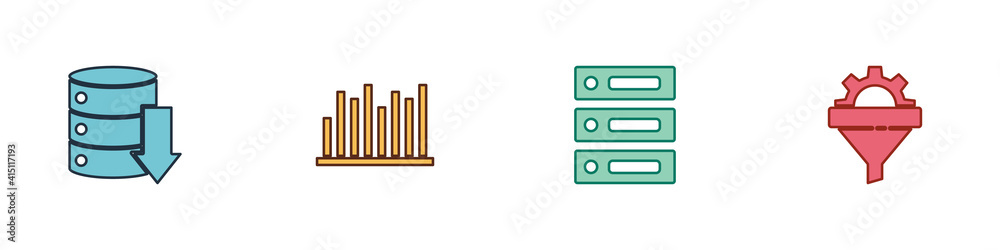 Set Server, Data, Web Hosting, Pie chart infographic, and Sales funnel with gear icon. Vector. Set Server, Data, Web Hosting, Pie chart infographic, and Sales funnel with gear icon. Vector.