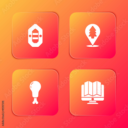 Set Rafting boat, Location of the forest, Chicken leg and monitor icon. Vector.