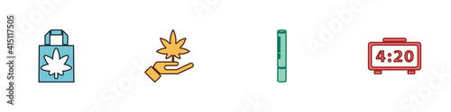Set Shopping paper bag of marijuana, Marijuana or cannabis leaf, joint and Digital alarm clock icon. Vector.