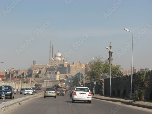 Crazy busy streets of Cairo Egypt road safety awareness to Mosque of Muhammad Ali © Joe