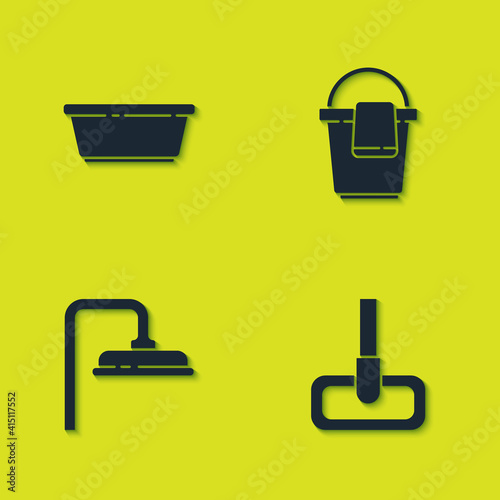 Set Plastic basin, Mop, Shower head and Bucket with rag icon. Vector.