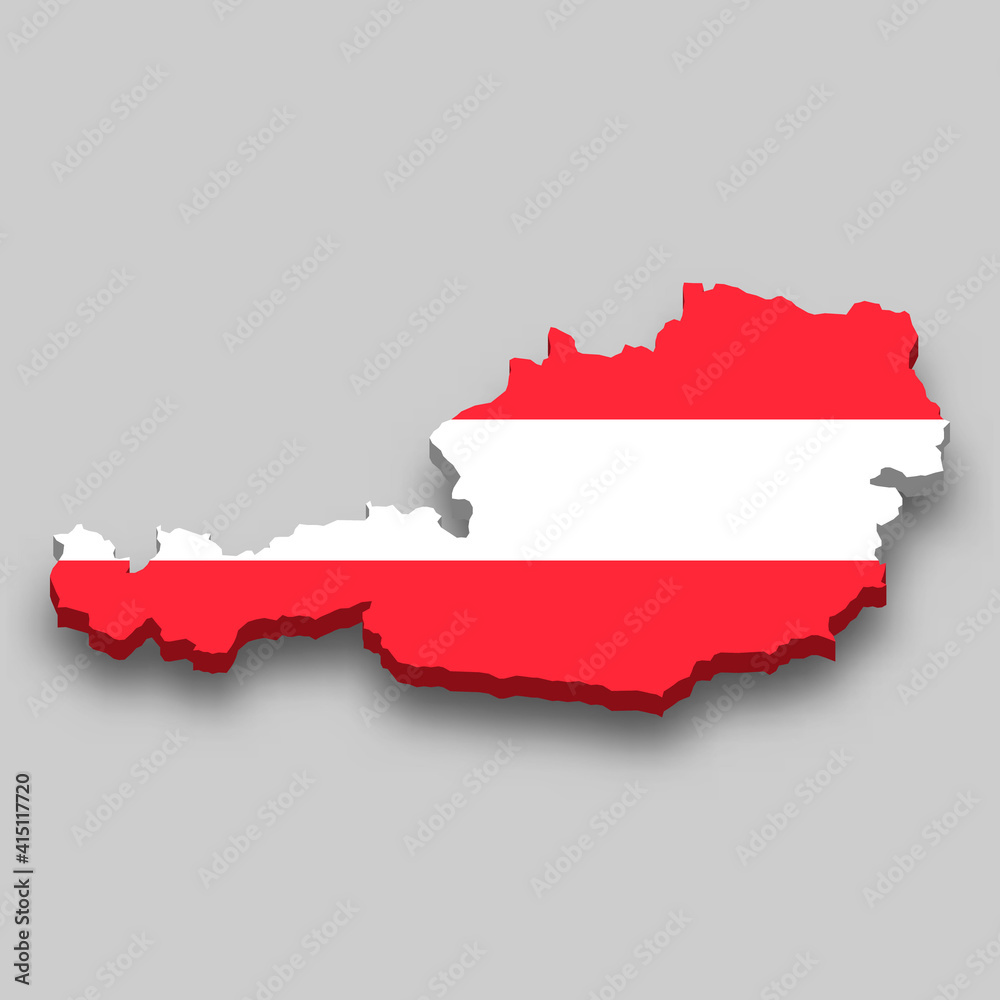 3d isometric Map of Austria with national flag. 3d isometric Map of Austria with national flag.