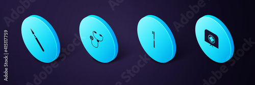 Set Isometric Nurse hat with cross, Toothbrush, Stethoscope and Medical surgery scalpel icon. Vector.