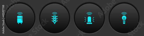 Set Smart refrigerator, traffic light, flasher siren and bulb icon. Vector.