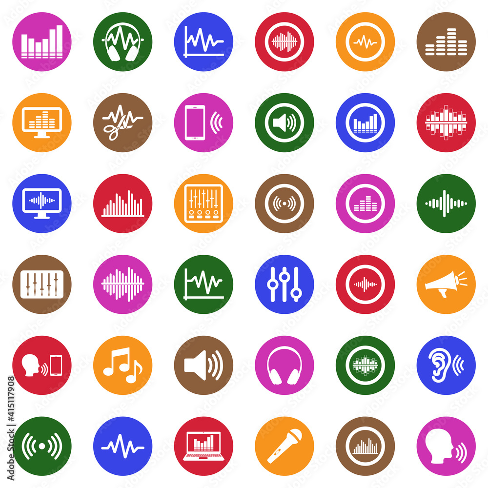 Sound And Volume Icons . White Flat Design In Circle. Vector Illustration. Sound And Volume Icons . White Flat Design In Circle. Vector Illustration.