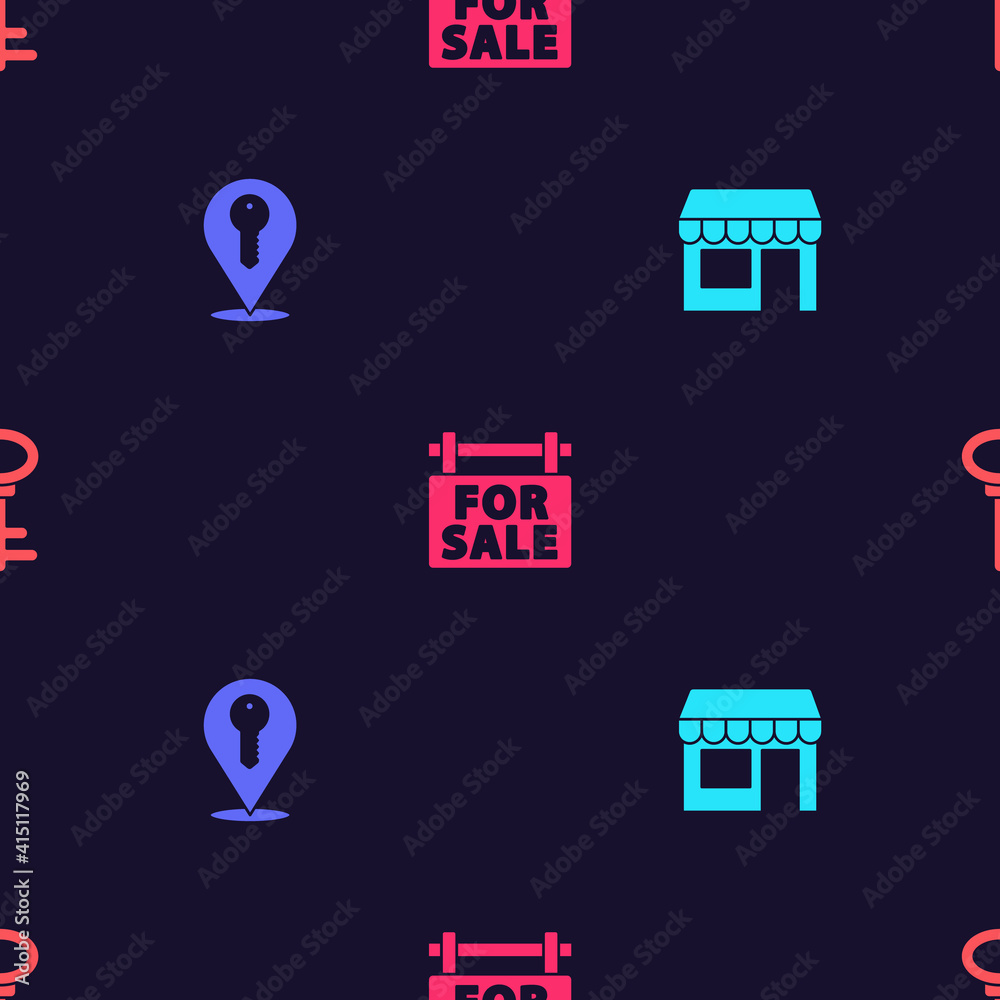 Set Market store, Location key, Hanging sign with For Sale and House on seamless pattern. Vector. Set Market store, Location key, Hanging sign with For Sale and House on seamless pattern. Vector.