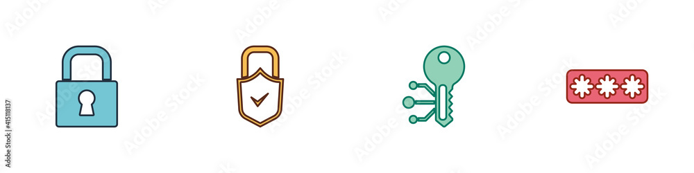 Set Lock, and check mark, Cryptocurrency key and Password protection icon. Vector. Set Lock, and check mark, Cryptocurrency key and Password protection icon. Vector.