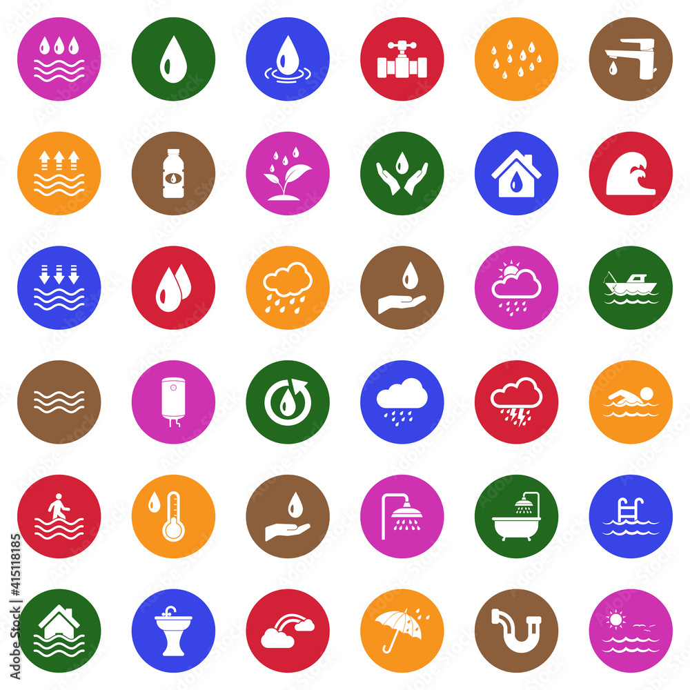 Water Icons. White Flat Design In Circle. Vector Illustration. Water Icons. White Flat Design In Circle. Vector Illustration.