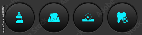 Set Mouthwash bottle, Tooth, Otolaryngological head reflector and Dental protection icon. Vector.