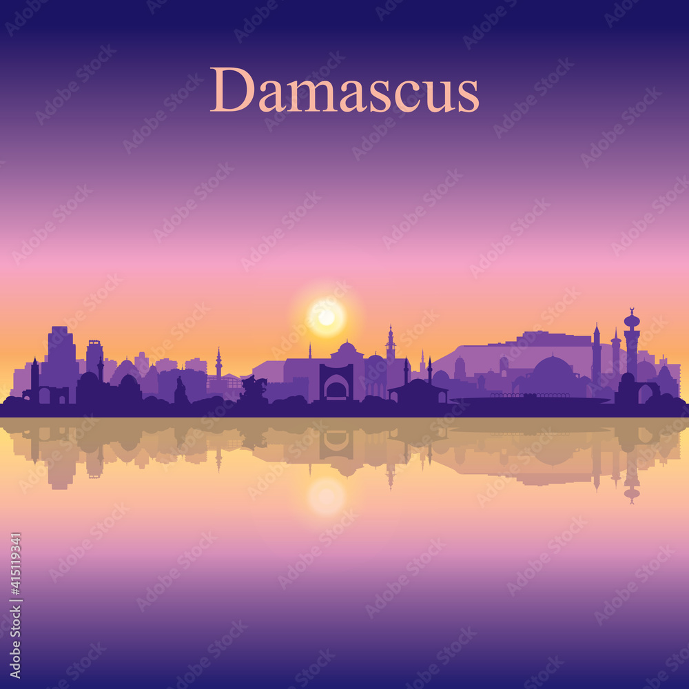 Damascus city silhouette on sunset background