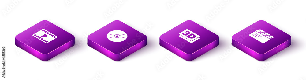Set Isometric Play Video, CD or DVD disk, 3D word and Movie clapper icon. Vector. Set Isometric Play Video, CD or DVD disk, 3D word and Movie clapper icon. Vector.