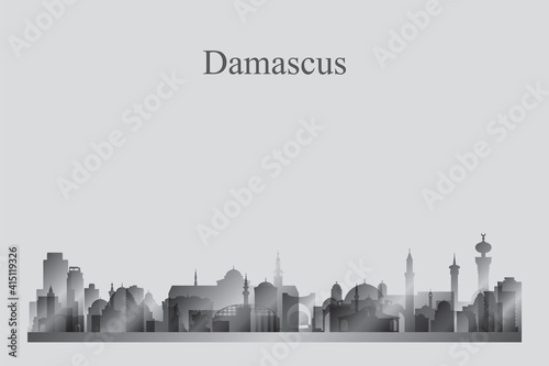 Murais de parede Damascus city skyline silhouette in a grayscale
