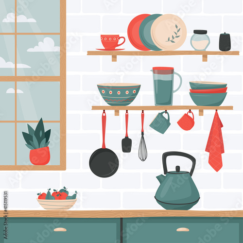 Kitchen interior with set of kitchen accessory on shelves. Vector kitchen tools. Kitchen shelves in retro style. Household utensil and cutlery, crockery. Cooking equipment and  food preparation theme