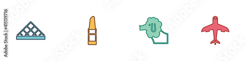Set Louvre museum, Lipstick, Poodle dog and Plane icon. Vector.