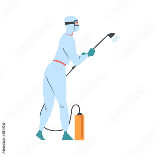 Coronavirus Prevention Concept, Person in White Protective Suit and Mask Disinfecting Public Places from Bacteria and Viruses Cartoon Style Vector Illustration