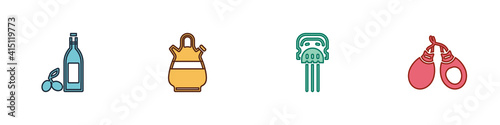 Set Bottle of olive oil, Sangria pitcher, Peineta and Castanets icon. Vector.