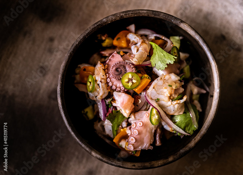 Octopus, white fish and shrimp fresh ceviche 