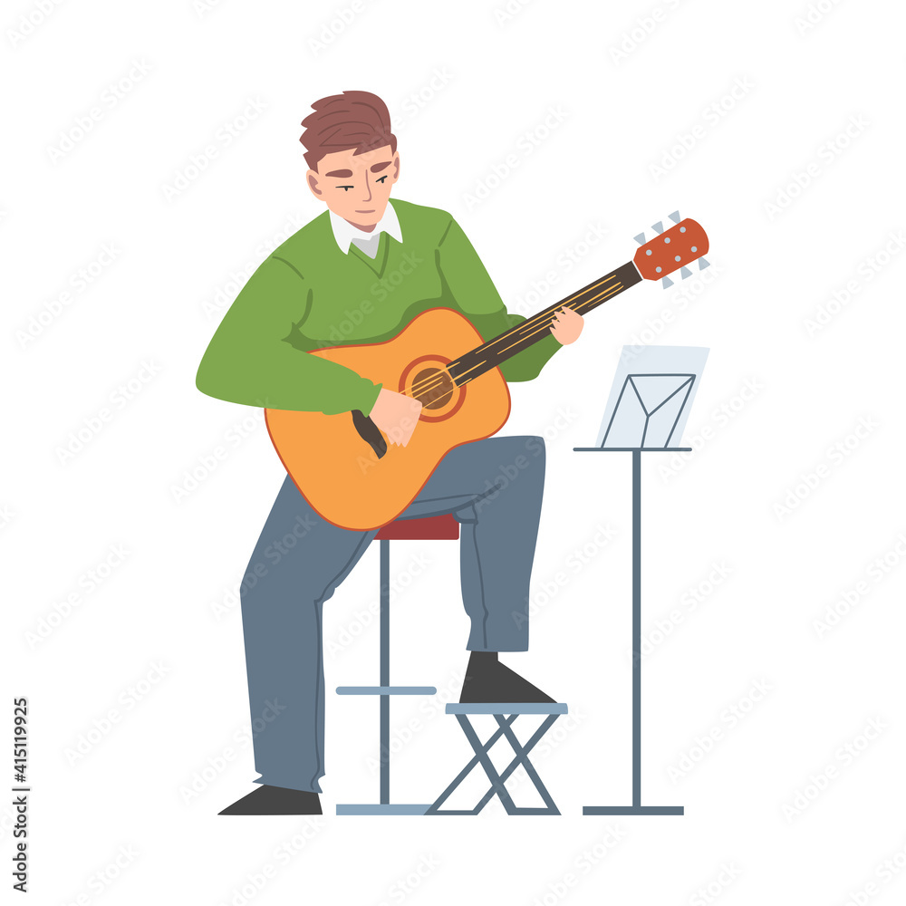 Man Sitting on High Chair Playing Acoustic Guitar, Male Musician Playing Strings at Musical Performance Cartoon Style Vector Illustration Man Sitting on High Chair Playing Acoustic Guitar, Male Musician Playing Strings at Musical Performance Cartoon Style Vector Illustration