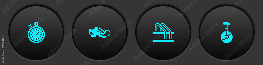 Set Stopwatch, Bicycle shoes, parking and Unicycle or one wheel bicycle icon. Vector. Set Stopwatch, Bicycle shoes, parking and Unicycle or one wheel bicycle icon. Vector.