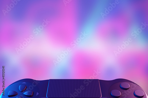 A half of Modern black wireless videogame controller with touch pad with Modern Gaming Ambient lights in the room. ghost effect. 3D Render illustration.