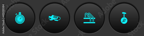 Set Stopwatch, Bicycle shoes, parking and Unicycle or one wheel bicycle icon. Vector.