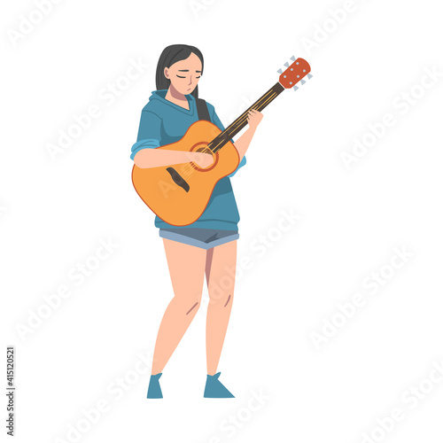 Girl Wearing Casual Clothes Playing Acoustic Guitar, Female Musician Guitarist Character Performing at Concert or Learning to Play Musical Instrument Cartoon Vector Illustration