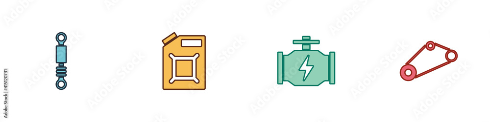 Set Shock absorber, Canister for gasoline, Check engine and Timing belt kit icon. Vector. Set Shock absorber, Canister for gasoline, Check engine and Timing belt kit icon. Vector.