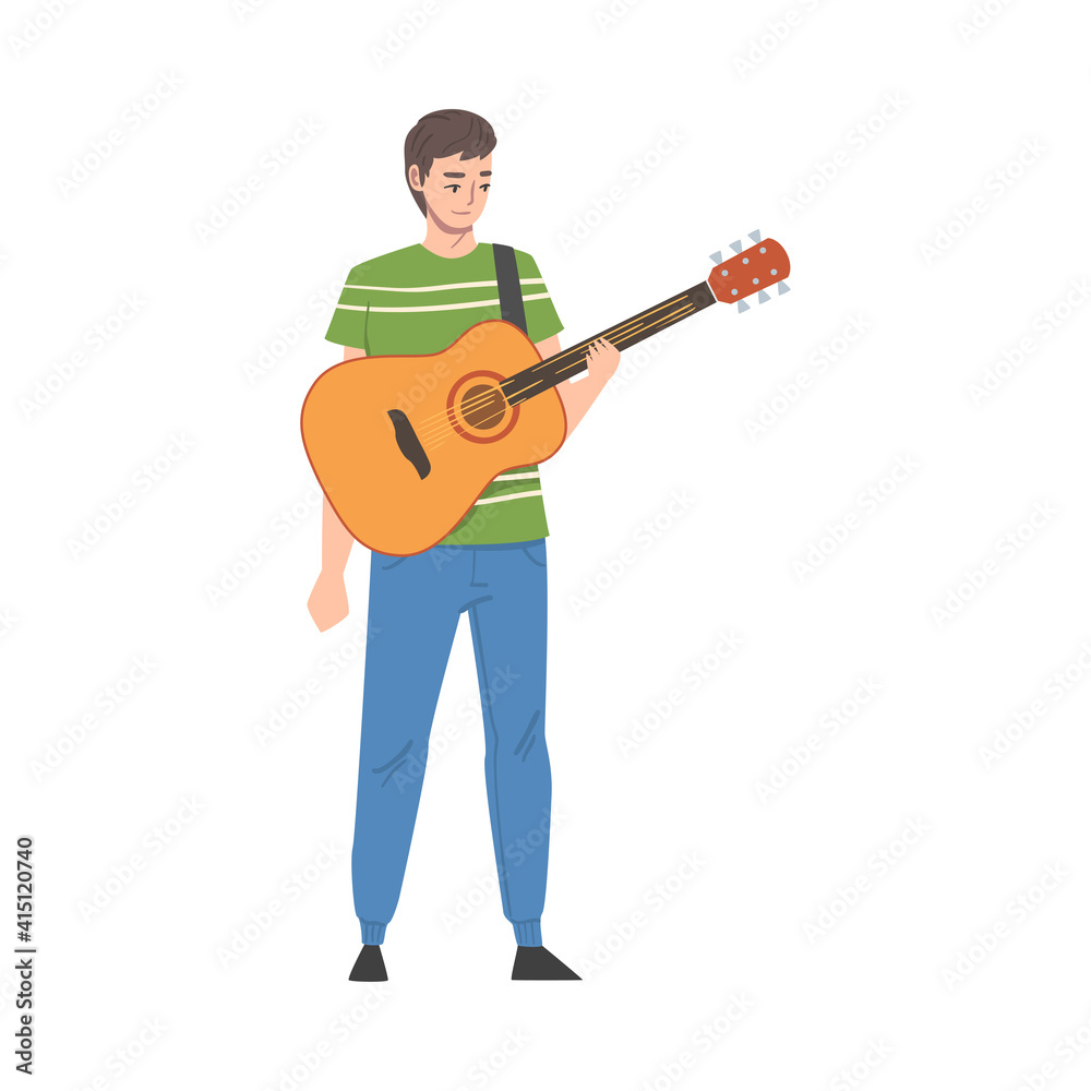 Teenage Boy Wearing Casual Clothes Playing Acoustic Guitar, Musician Guitarist Character Performing at Concert Cartoon Style Vector Illustration