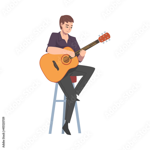 Young Man Sitting on High Chair Playing Acoustic Guitar, Musician Guitarist Character Performing at Concert Cartoon Style Vector Illustration