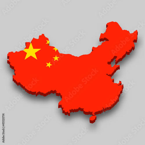 3d isometric Map of China with national flag.