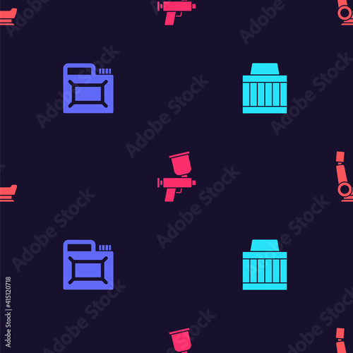 Set Car air filter, Canister for motor oil, Paint spray gun and seat on seamless pattern. Vector.