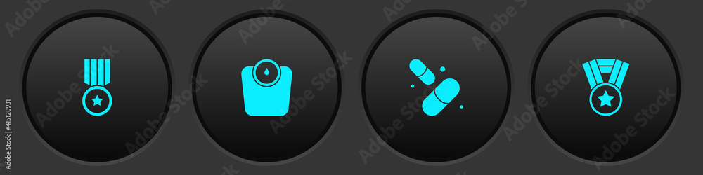 Set Medal, Bathroom scales, Vitamin pill and icon. Vector. Set Medal, Bathroom scales, Vitamin pill and icon. Vector.