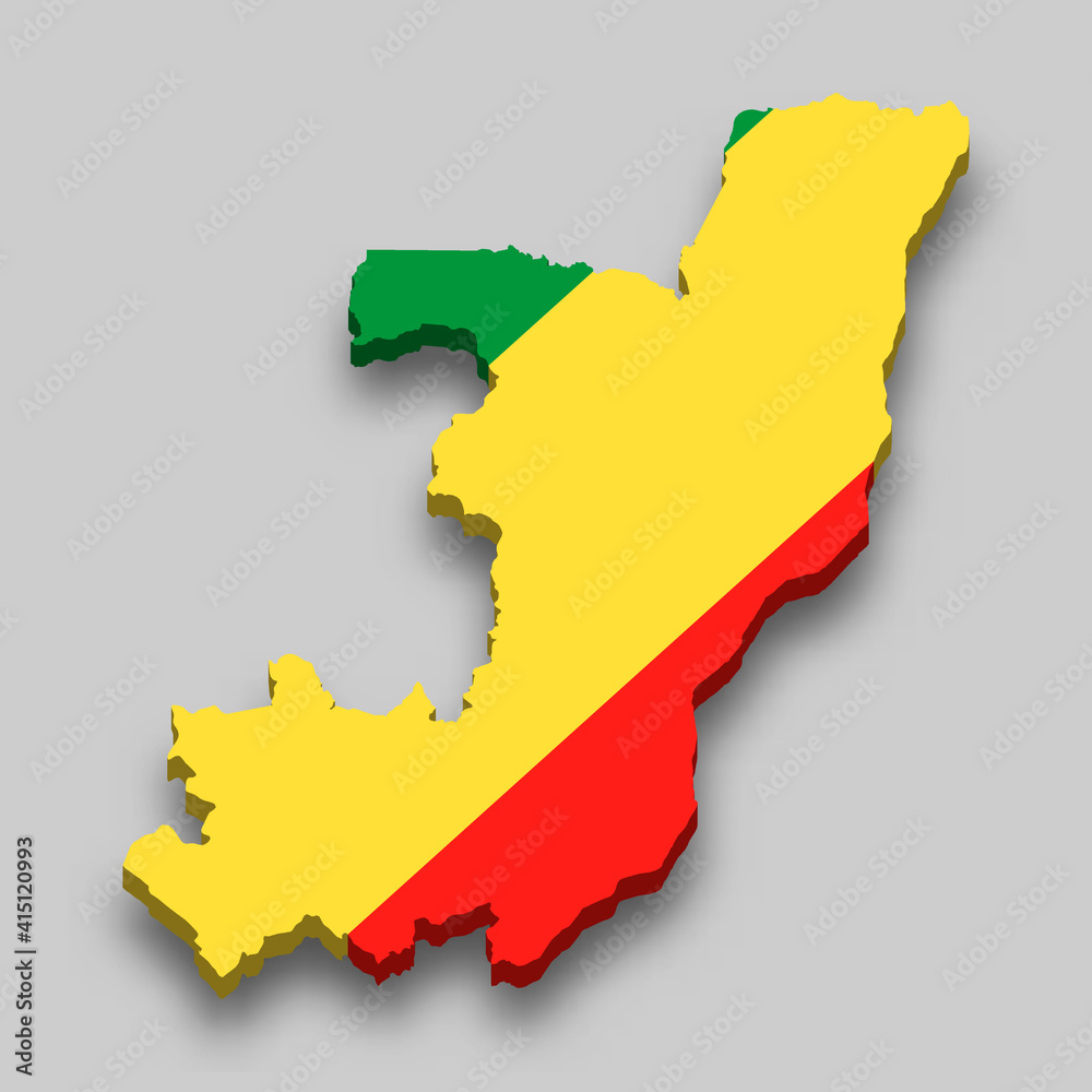 3d isometric Map of Congo with national flag. 3d isometric Map of Congo with national flag.