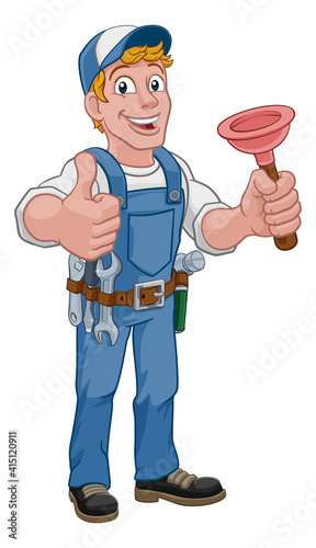 Plumber or handyman cartoon mascot holding a plumbing drain or toilet plunger. Giving a thumbs up.