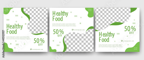 Healthy food social media post and banner design with green background. Vector design with photo collage. Usable for social media, flyer, banner and web internet ads.