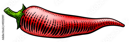 Photos Chili, chile or chilli pepper vegetable illustration in a vintage retro woodcut etching style