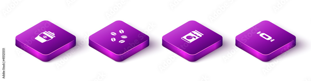 Set Isometric Coffee cup to go, beans, Jam jar and Candy icon. Vector. Set Isometric Coffee cup to go, beans, Jam jar and Candy icon. Vector.